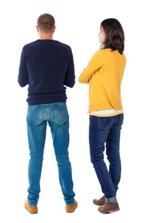 Back view couple in sweater. beautiful man and woman. Rear view people collection. backside view of person. Isolated over white background.の写真素材