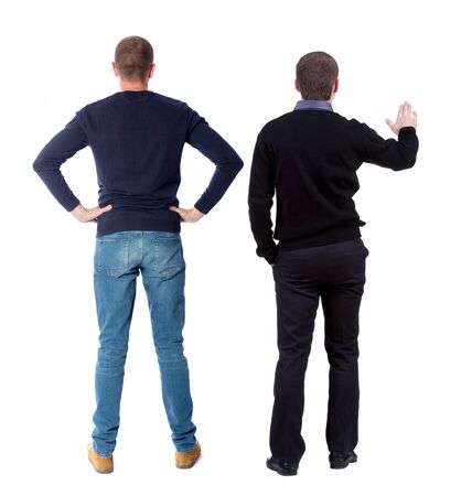 Back view two man in sweater. Rear view people collection. backside view of person. Isolated over white background.の写真素材
