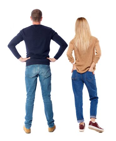 Back view couple in sweater. beautiful man and woman. Rear view people collection. backside view of person. Isolated over white background.の写真素材