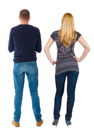 Back view couple in sweater. beautiful man and woman. Rear view people collection. backside view of person. Isolated over white background.の写真素材