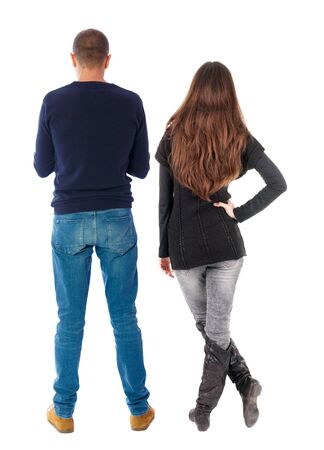 Back view couple in sweater. beautiful man and woman. Rear view people collection. backside view of person. Isolated over white background.の写真素材