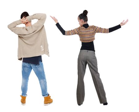 Back view couple in sweater. beautiful man and woman. Rear view people collection. backside view of person. Isolated over white background.の写真素材