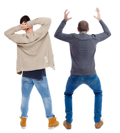 Back view two man in sweater. Rear view people collection. backside view of person. Isolated over white background.の写真素材