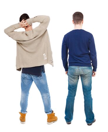 Back view two man in sweater. Rear view people collection. backside view of person. Isolated over white background.の写真素材