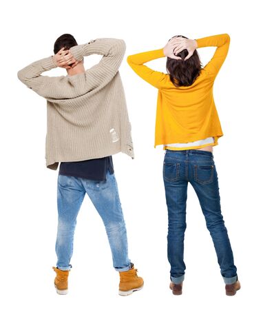 Back view couple in sweater. beautiful man and woman. Rear view people collection. backside view of person. Isolated over white background.の写真素材