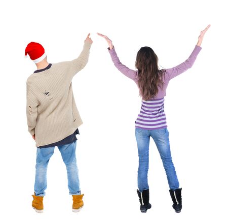 Back view couple in sweater. beautiful man and woman. Rear view people collection. backside view of person. Isolated over white background.の写真素材