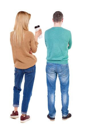 Back view couple in sweater. beautiful man and woman. Rear view people collection. backside view of person. Isolated over white background.の写真素材