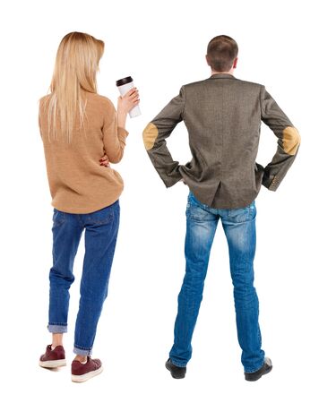 Back view couple in sweater. beautiful man and woman. Rear view people collection. backside view of person. Isolated over white background.の写真素材