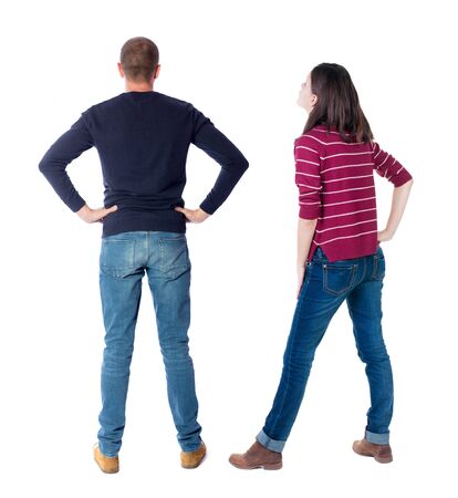 Back view couple in sweater. beautiful man and woman. Rear view people collection. backside view of person. Isolated over white background.の写真素材