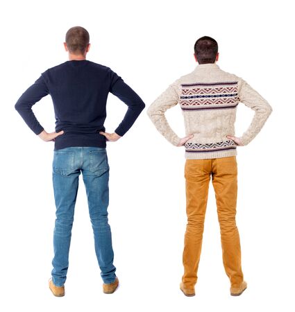 Back view two man in sweater. Rear view people collection. backside view of person. Isolated over white background.の写真素材