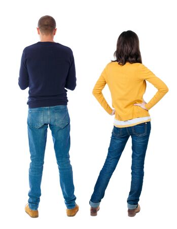 Back view couple in sweater. beautiful man and woman. Rear view people collection. backside view of person. Isolated over white background.の写真素材