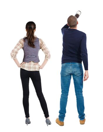 Back view couple in sweater. beautiful man and woman. Rear view people collection. backside view of person. Isolated over white background.の写真素材