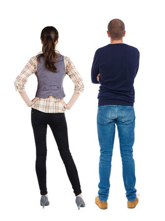 Back view couple in sweater. beautiful man and woman. Rear view people collection. backside view of person. Isolated over white background.の写真素材