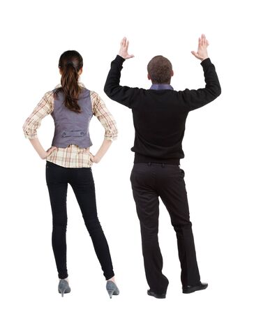 Back view couple in sweater. beautiful man and woman. Rear view people collection. backside view of person. Isolated over white background.の写真素材