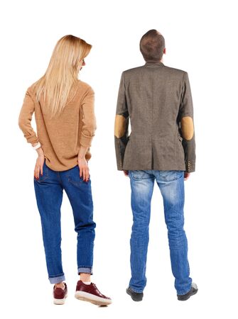 Back view couple in sweater. beautiful man and woman. Rear view people collection. backside view of person. Isolated over white background.の写真素材