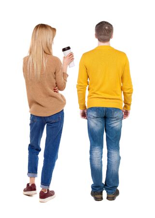 Back view couple in sweater. beautiful man and woman. Rear view people collection. backside view of person. Isolated over white background.の写真素材