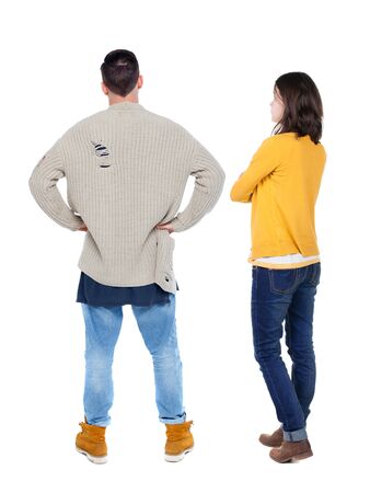 Back view couple in sweater. beautiful man and woman. Rear view people collection. backside view of person. Isolated over white background.の写真素材