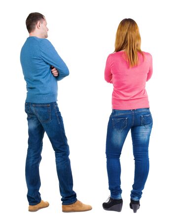 Back view couple in sweater. beautiful man and woman. Rear view people collection. backside view of person. Isolated over white background.の写真素材