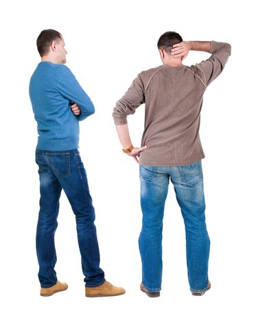 Back view two man in sweater. Rear view people collection. backside view of person. Isolated over white background.の写真素材