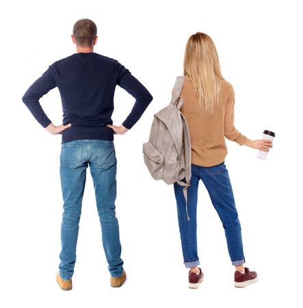 Back view couple in sweater. beautiful man and woman. Rear view people collection. backside view of person. Isolated over white background.の写真素材
