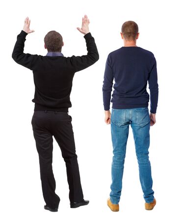 Back view two man in sweater. Rear view people collection. backside view of person. Isolated over white background.の写真素材