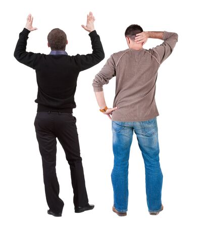 Back view two man in sweater. Rear view people collection. backside view of person. Isolated over white background.の写真素材