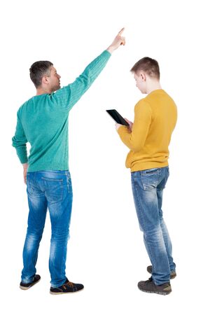 Back view of two man in sweater with mobile phone. Rear view people collection. backside view of person. Isolated over white background.の写真素材