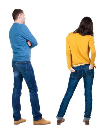 Back view couple in sweater. beautiful man and woman. Rear view people collection. backside view of person. Isolated over white background.の写真素材