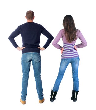 Back view couple in sweater. beautiful man and woman. Rear view people collection. backside view of person. Isolated over white background.の写真素材