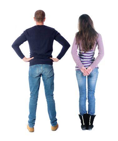 Back view couple in sweater. beautiful man and woman. Rear view people collection. backside view of person. Isolated over white background.の写真素材