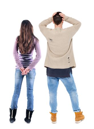 Back view couple in sweater. beautiful man and woman. Rear view people collection. backside view of person. Isolated over white background.の写真素材