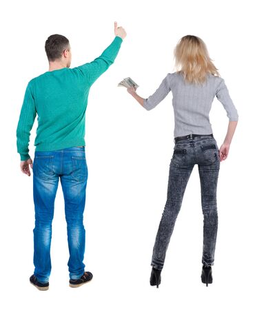 Back view of couple in sweater showing thumbs up. beautiful woman and man together. Rear view people collection. backside view of person. Isolated over white background.の写真素材