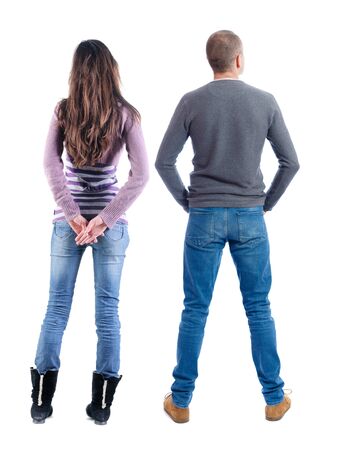 Back view couple in sweater. beautiful man and woman. Rear view people collection. backside view of person. Isolated over white background.の写真素材
