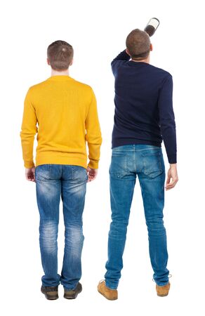Back view two man in sweater. Rear view people collection. backside view of person. Isolated over white background.の写真素材