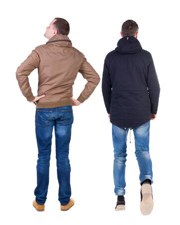 Back view of couple in winter jacket. beautiful friendly girl and guy together. Rear view people collection. backside view of person. Isolated over white background.の写真素材