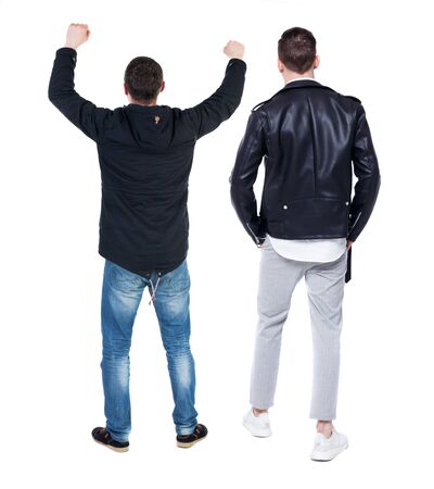 Back view of couple in winter jacket. beautiful friendly girl and guy together. Rear view people collection. backside view of person. Isolated over white background.の写真素材