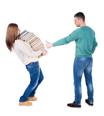 Back view of couple in sweater showing thumbs up. beautiful woman and man together. Rear view people collection. backside view of person. Isolated over white background.の写真素材