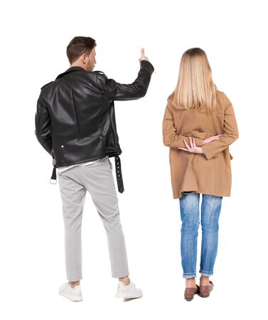 Back view of couple in sweater showing thumbs up. beautiful woman and man together. Rear view people collection. backside view of person. Isolated over white background.の写真素材