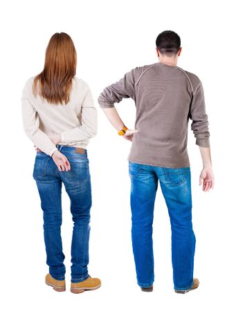 Back view couple in sweater. beautiful man and woman. Rear view people collection. backside view of person. Isolated over white background.の写真素材