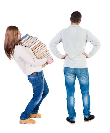 Back view couple in sweater. beautiful man and woman. Rear view people collection. backside view of person. Isolated over white background.の写真素材