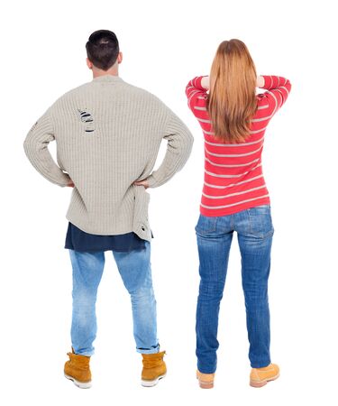 Back view couple in sweater. beautiful man and woman. Rear view people collection. backside view of person. Isolated over white background.の写真素材