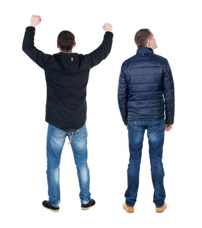 Back view of couple in winter jacket. beautiful friendly girl and guy together. Rear view people collection. backside view of person. Isolated over white background.の写真素材