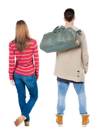 Back view couple in sweater. beautiful man and woman. Rear view people collection. backside view of person. Isolated over white background.の写真素材