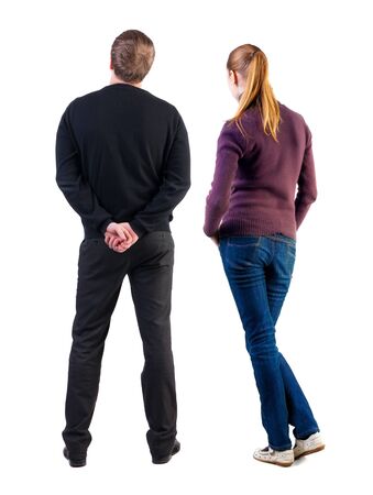 Back view couple in sweater. beautiful man and woman. Rear view people collection. backside view of person. Isolated over white background.の写真素材
