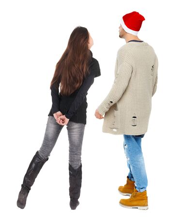 Back view couple in sweater. beautiful man and woman. Rear view people collection. backside view of person. Isolated over white background.の写真素材