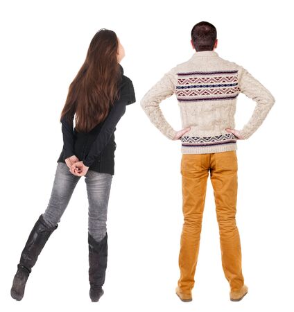 Back view couple in sweater. beautiful man and woman. Rear view people collection. backside view of person. Isolated over white background.の写真素材