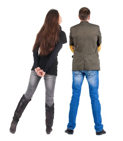 Back view couple in sweater. beautiful man and woman. Rear view people collection. backside view of person. Isolated over white background.の写真素材
