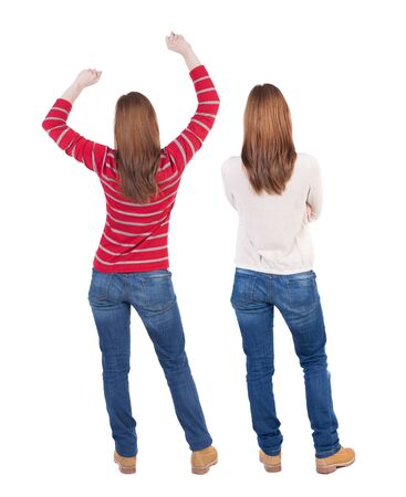 Back view couple in sweater. beautiful man and woman. Rear view people collection. backside view of person. Isolated over white background.の写真素材