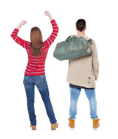 Back view couple in sweater. beautiful man and woman. Rear view people collection. backside view of person. Isolated over white background.の写真素材
