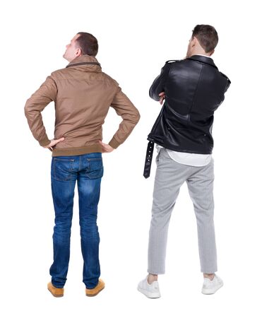 Back view of couple in winter jacket. beautiful friendly girl and guy together. Rear view people collection. backside view of person. Isolated over white background.の写真素材